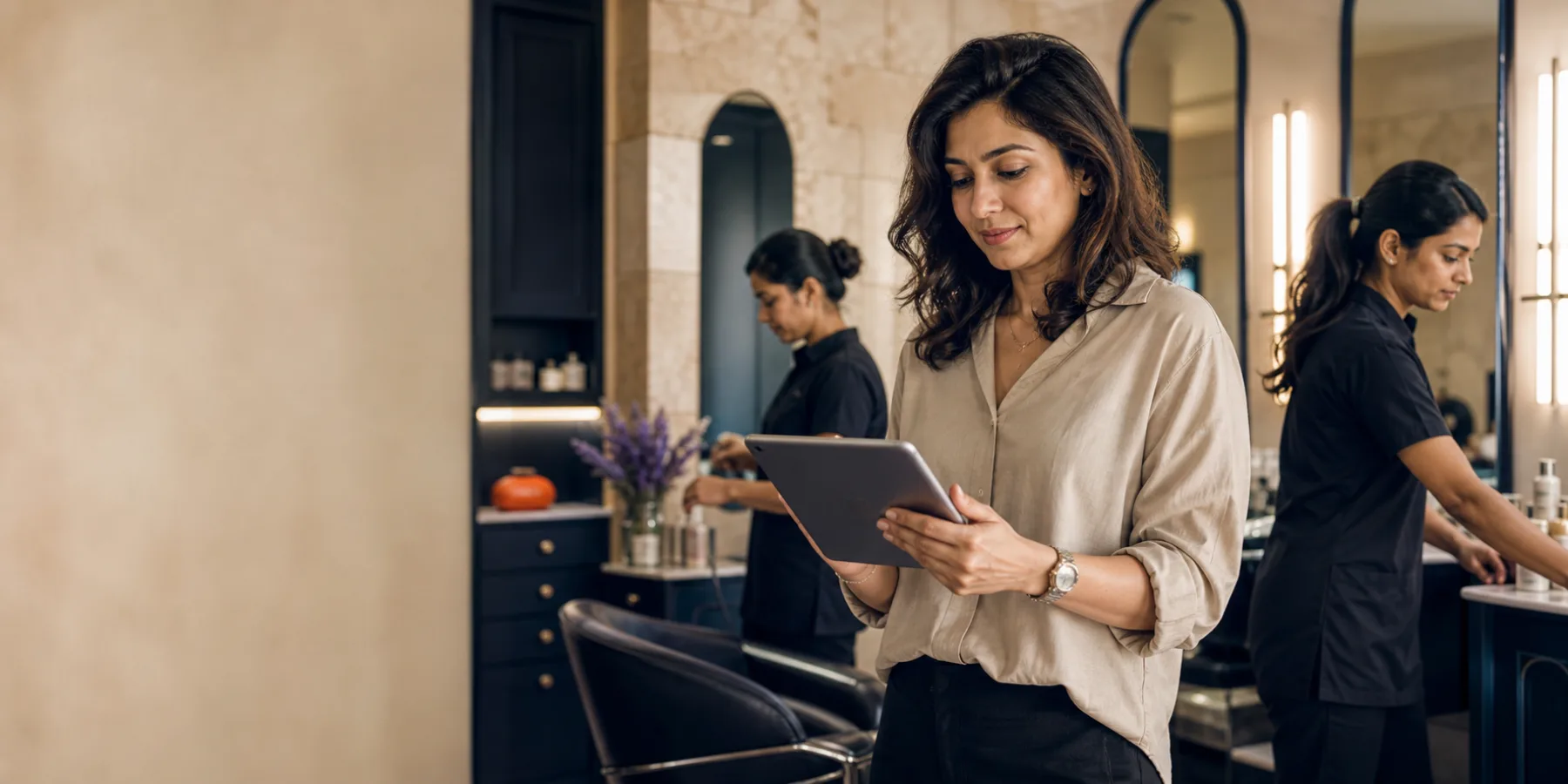 Illustrative scene of a salon owner and team preparing for the day
