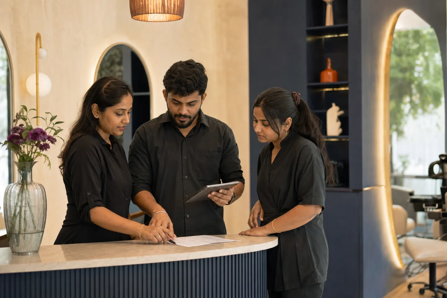 Illustrative salon team coordinating the day